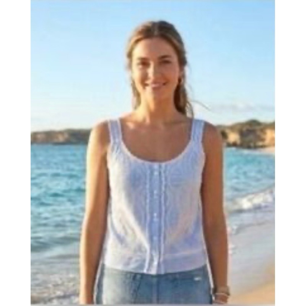 Sundance Blue White Striped Embroidered Cotton Button Front Camisole Top L Boho